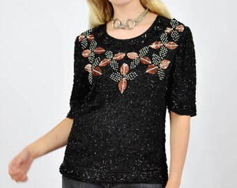 Vintage 80's Black Sequin Embellished Trophy Top