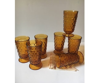 Vintage Glass Tumblers, 7 Footed Indiana Glass, 1970s Drinking Glasses, Amber-Harvest Gold Color, Colony Cubist Whitehall Pattern, 12 oz