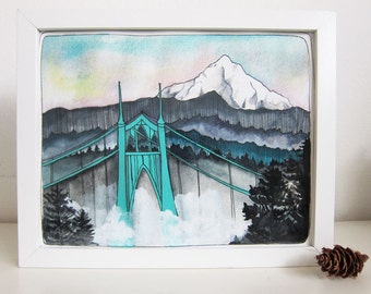 St Johns Bridge Print - Portland Art - Portland Art Print - St Johns Art Print - Portland Oregon Art - Mt Hood Art - St Johns and Mt Hood