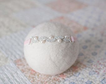 Rhinestone Headband, Rhinestone Newborn Tieback, Pink Rhinestone Headband, Pink Newborn Tieback, Pearl Baby Headband, Newborn Photo Prop