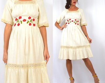 Vintage 60s 70s Ivory Gauze Floral Embroidered Mexican Dress (size xs, small)