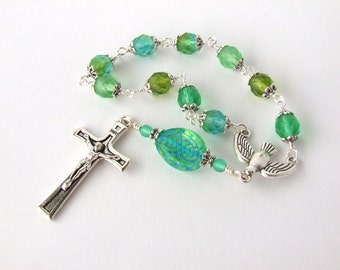 Catholic Rosary Beads Holy Spirit Centerpiece Unbreakable Single One Decade Pocket Rosary Chaplet Tenner - Confirmation Catholic Gift