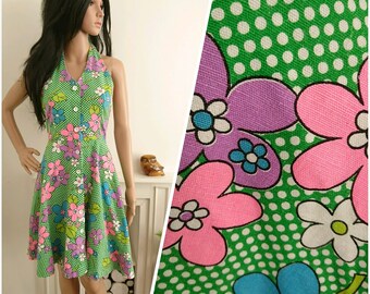 Vintage 60s Green Halterneck Floral Cotton Daisy Polkadot Sun Dress Mod / UK 8 / EU 36 / US 4