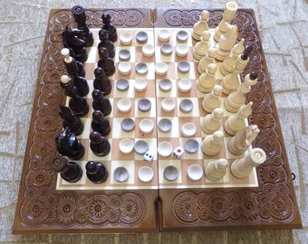 AMAZING Carved Wooden 3 in 1 chess backgammon checkers game board set hand made d475