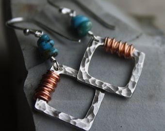 Turquoise Pebble Earrings- Hammered Silver Earrings, Copper Wrap, Mixed Metal Earrings