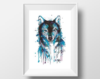 Wolf Cross Stitch Pattern Watercolor Art Counted Cross Stitch Modern Animal cross stitch Printable PDF Modern Embroidery room wall decor