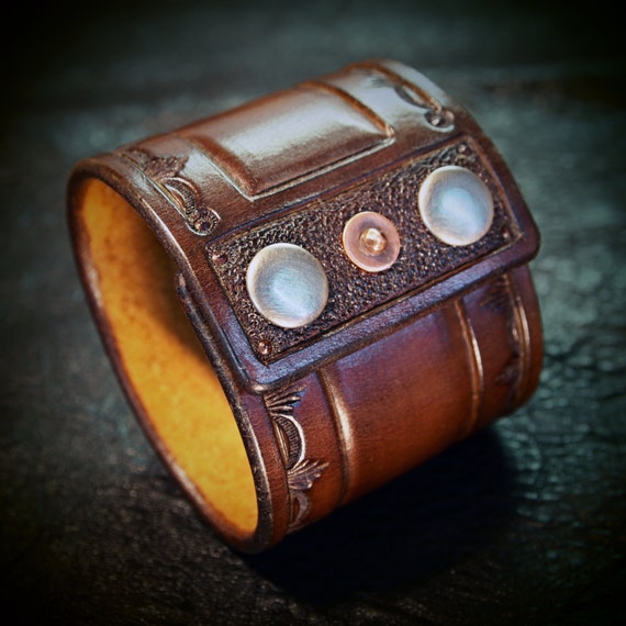 Brown Leather cuff wristband Saddle Brown Cowboy Old West style Stamped and hand tooled for YOU in USA by Freddie Matara!