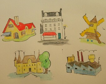 Lot French educational rubber stamp blocks - architecture - houses - French School rubber stamps - Houses, building, mill, castle, factory