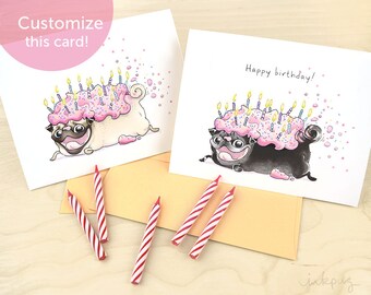 Pug Birthday Card - Cute Strawberry Frosted Pug Cake, Pug Loaf, Pug Card, Funny Happy Birthday Card with fawn or black pug from InkPug