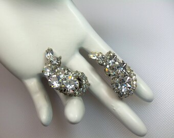 Vintage Silver Tone Sparkling Clear Rhinestone Juliana/D&E Clip Earrings Delizza and Elster