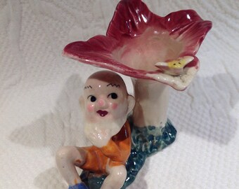 Vintage elf pixie made in Japan porcelain - sitting under a flower with Butterfly - Collection / / made in the Japan