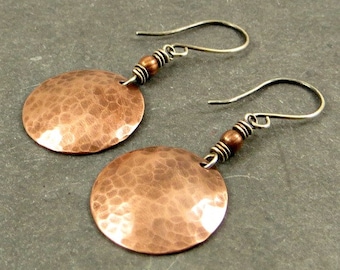 Copper Disc Earrings Textured Copper Discs Hammered Copper Earrings, Eco Friendly Jewelry Gifts for Her