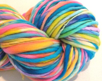 Bulky Handspun Yarn Interplanet Janet 135 yards hand dyed wool blue pink yellow yarn waldorf doll hair knitting supplies crochet supplies