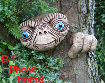 E.T Tree Face. gift idea. Outdoor sculptures, statues, garden ornaments. Garden decorations. Tree decorations. Yard art. faces.