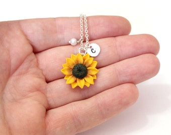 Sunflower Necklace, Yellow Pendant, Personalized Initial Disc Necklace, Bridesmaid Necklace, Yellow Bridesmaid Jewelry, Sunflower Flower