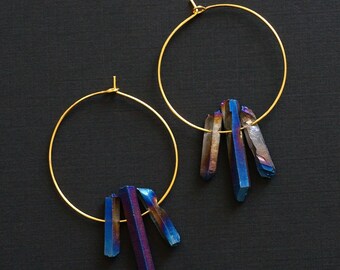 Blue Quartz Hoop Earrings, Raw Quartz Point Earrings