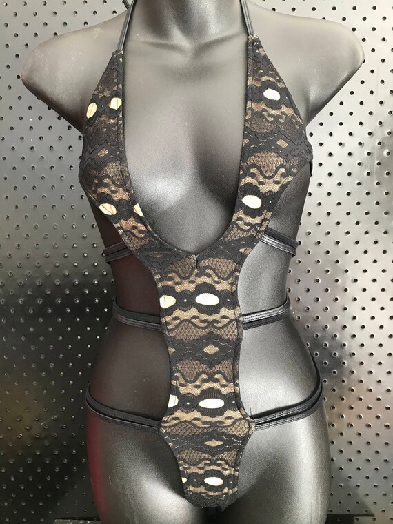 15%OFFSALE *** MissManeater BLACK_LACE super micro strappy one piece designer swimsuit! SUPERmicro one piece!