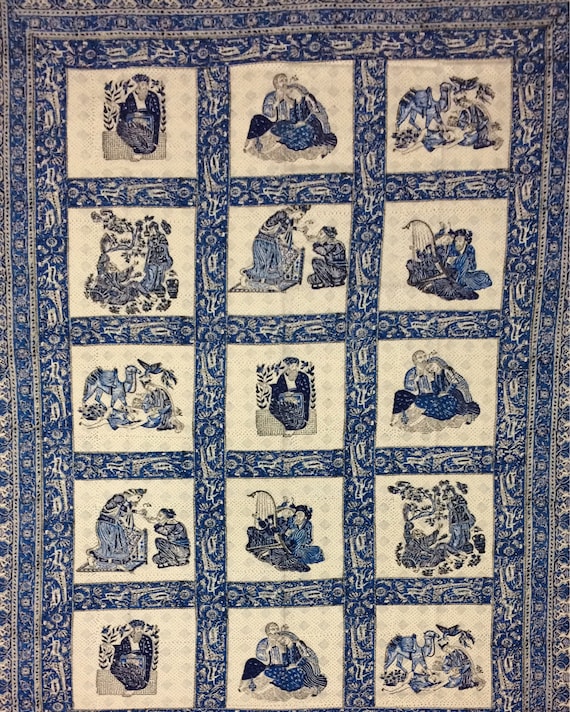 Very unique middle eastern tapestry, traditional block printed textile -natural dyes tablecloth