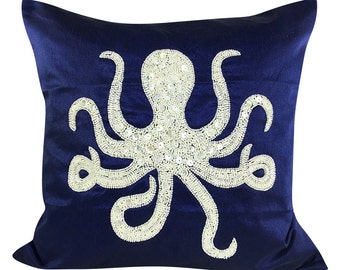 Beaded Octopus Nautical Pillow Cover Navy Blue Octopus Pillow Beach Pillow Ocean Life 14x14 16x16 18x18 20x20 24x24 26x26