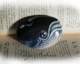 Whale No.2 Handpainted rock painting, painted stone. miniature, ocean, sea rock pebble fine art