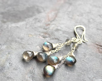 Labradorite Earrings Cascade Gemstone Earrings Sterling Silver long Gray Briolette Earrings