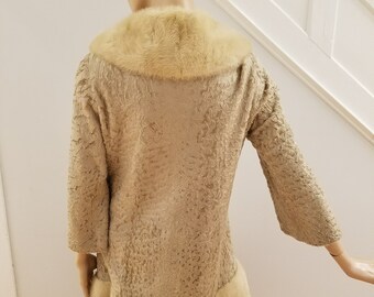 Vintage Creamy Tan Broad Tail Coat with Mink Fur Collar and Hem, ca 1960s