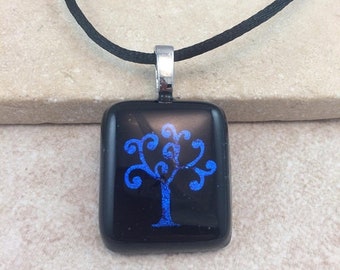 ON SALE Tree of Life Necklace, Blue Dichroic Pendant, Fused Glass Jewelry, Dichroic Glass Jewelry, Dichroic Pendant Necklace - HEA446