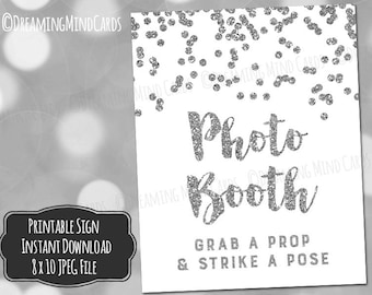 Printable Photo Booth Sign 8x10 Silver Confetti Wedding Bridal Shower Baby Shower Birthday Anniversary Digital Download