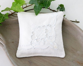 White Linen Lavender Sachet, Vintage Embroidered Cloth, Scented Drawer Sachets, Gift For Her