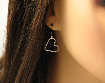Heart Earrings, Heart Dangle Earrings, Open Heart Drop Earrings, Simple Gold Earrings, Sterling Silver or 14k Gold Fill, Understated Jewelry
