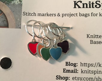 Snag-free knitting stitch markers -- set of five -- enameled heart charms