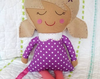 Handmade fabric girl doll w/ light brown hair, rag doll, soft doll, fabric doll, modern fabric doll, girl room, handmade cloth doll, purple