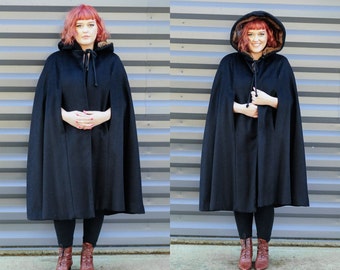 long black cape opera cape fur trim cape black hooded cape black wool cape long wool cape L long black cape L long wool cape USA Mink Fur