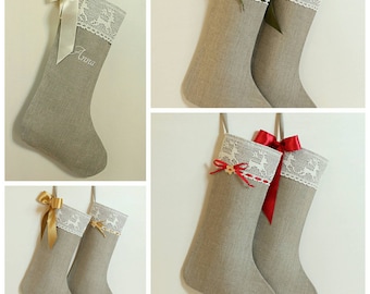 Christmas stocking Scandinavian Christmas stocking Linen burlap stocking Lace Christmas stocking