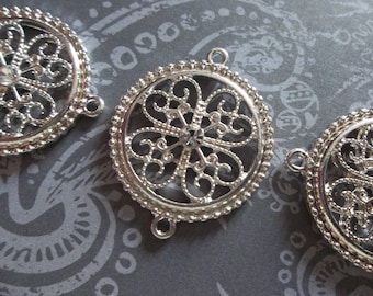 Jewelry Connectors - Large Silver Filigree Medallions with Clear Rhinestone - 26 x 32mm - 3 pieces
