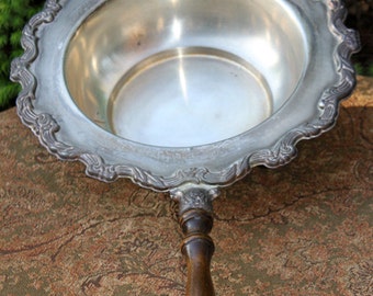 Chafing Dish with Wooden Handle. Silver Plate Frying Pan with Ornate Rim and Wooden Handle.