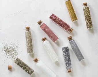Glitter in Glass Vial w/ Cork - Chunky / Fine - Champagne/ Gold / Rose Gold / Silver / Iridescent Disco White - 0.5 oz