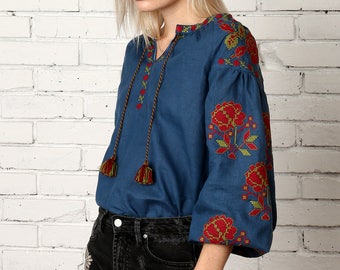 Vyshyvanka blue linen embroidered blouse, Ukrainian vyshyvanka blouse, Bohemian vyshyvanka, Mexican embroidery. Free shipping