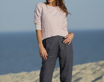 Linen blouse with long sleeves. Pink blouse. Linen shirt. Comfortable blouse. Modern linen outfit. Organic apparel. Linen tank top.
