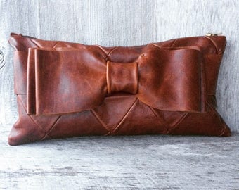 Leather Bow Clutch Bag in Diamond Quilted, Distressed, Chestnut -Rustic Evening Bag - Gift for Her by Stacy Leigh