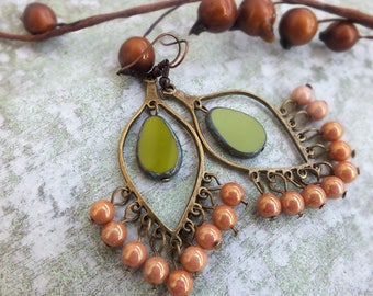 Boho earrings Chandelier Earrings Olive green Earrings Teardrop earrings Gypsy earrings Boho Brass Earrings Rustic Dangle Earrings