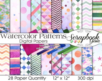 Watercolor patterns Digital Papers, 28 Pieces, 12" x 12", High Quality JPEG files, Instant Download Commercial Scrapbook colorful rainbow