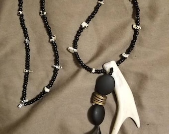 Crow Feather& Antler Tine Necklace with leopard Grain stone