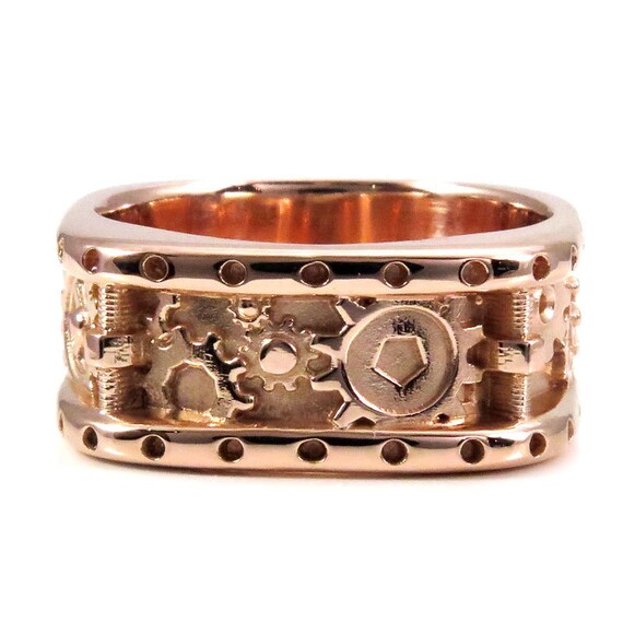 Square Perforated Gear Ring in 14k Rose Gold - Mens Steampunk Wedding Ring