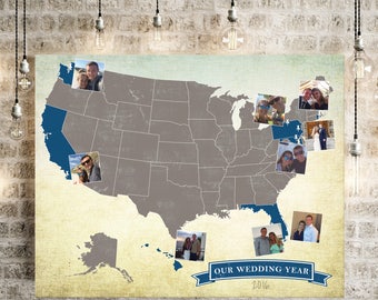 Travel Map, Road Trip Map, United States Map, Wedding Gift, Anniversary Gift, Custom Photo Map, Personalized Map, Push Pin Map, USA Map