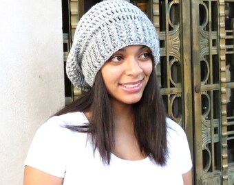 Crochet Slouchy Hat, Tam, Light Gray Hat, Ribbed, Beehive Hat, Women, Men, Teen, Tam, Color Silver Heather,