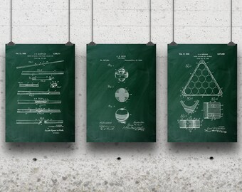 Billiards Pool Art Set of 3 Poster Prints, Billiards, Pool Ball, Triangle, Billiards Gift, Pool Player Gift, Pool Shark Gift, Patent