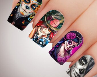 SUGAR SKULL - Halloween Day of the Dead Full Nail Decal Water Transfer Tattoo #5209