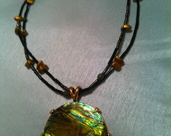 Labradonite statement double stranded necklace, large labradonite pendant brown/green