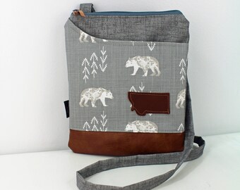 ZOE Messenger Cross Body Sling Bag -Bear Cubs with Montana Patch and PU Leather READY to SHIp Ipad bag